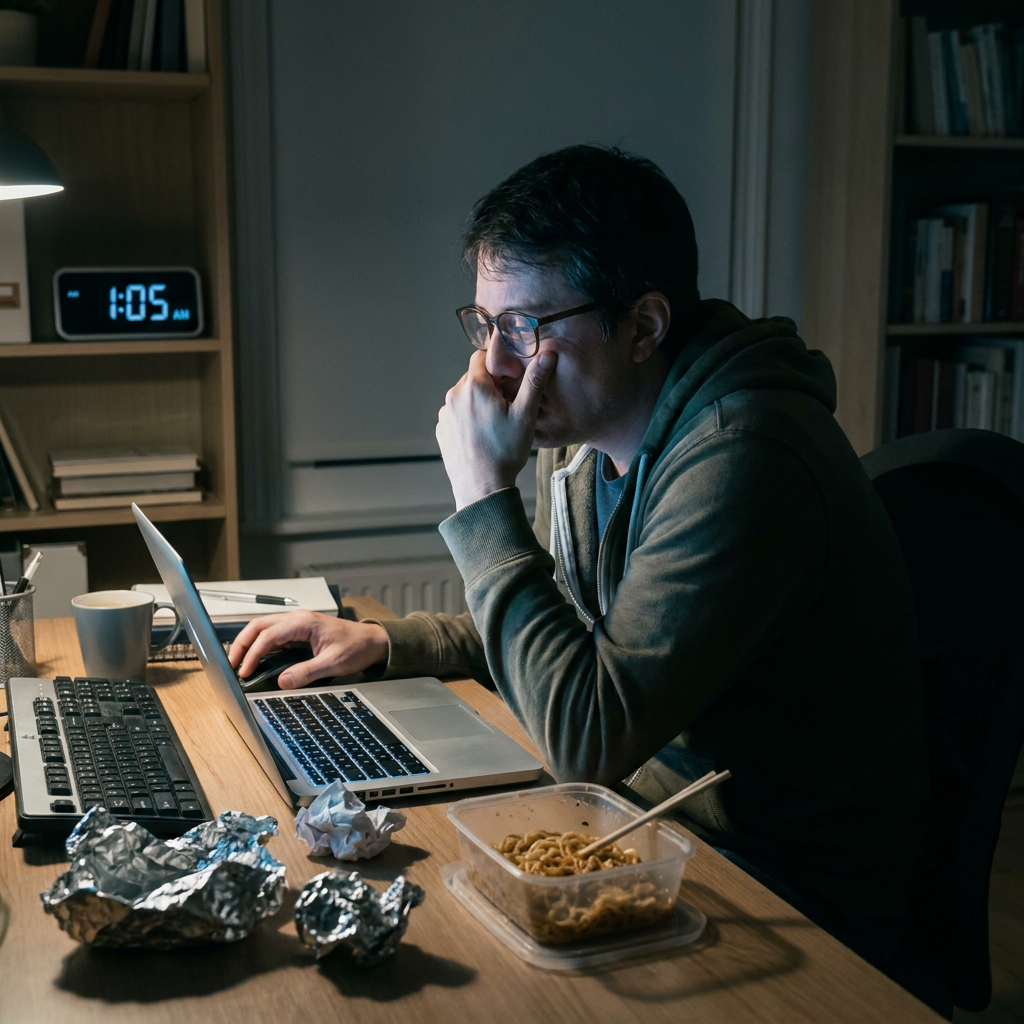 A late night at the desk — the everyday posture and habits Prevent gets ahead of.