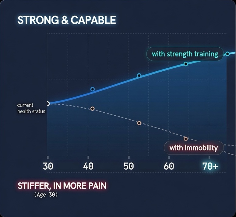 From age 30, two paths diverge: with strength training, joint mobility and comfort hold and rise to strong and capable; with immobility they decline to stiffer and in more pain.